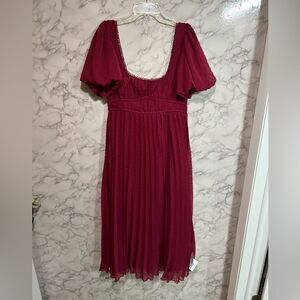 ASOS DESIGN Petite puff sleeve midi dress with scallop trim in burgundy Size 4